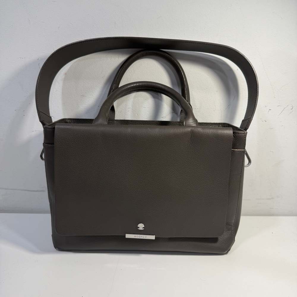 Modalu England Leather Gray Handbag Purse 2 Handle Shoulder Strap Silver Logo